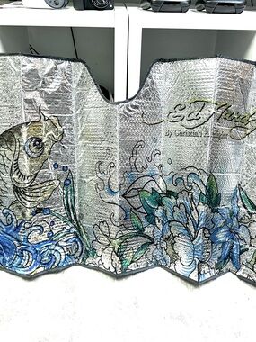 Ed Hardy Silver Reflective Sunshade with Blue, Green & Gold Artwork